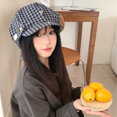 复古纽扣格子贝雷帽女秋韩版百搭显脸小云朵八角帽大头围画家帽子