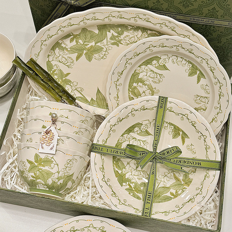 2026 New Style Lily of the Valley Plate Set, Household Tableware, Ceramic Bowl and Plate Set, High-End Fish Plate and Soup Bowl for Home Use