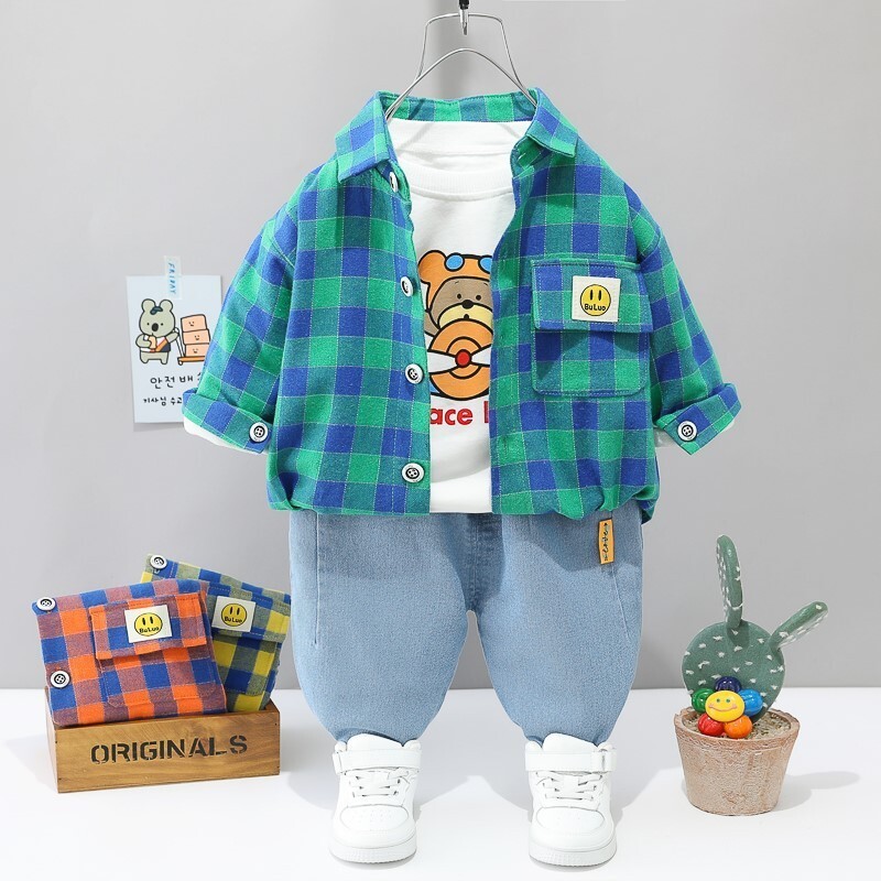 Children's Outfit suit Baby Boys and Girls Spring and Autumn 1-4 Years Old Foreign Trade Boys Plaid Shirt Denim Three-Piece Set 2 Children's Outfit suit Baby Boys and Girls Spring and Autumn 1-4 Years Old Foreign Trade Boys Plaid Shirt Denim Three-Piece Set 2
