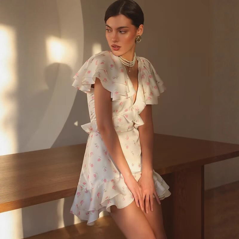 Floral Ruffled V Neck Long Skirt European and American Cross-Border 2025 New Summer Style Ladylike V Neck Waist Dress