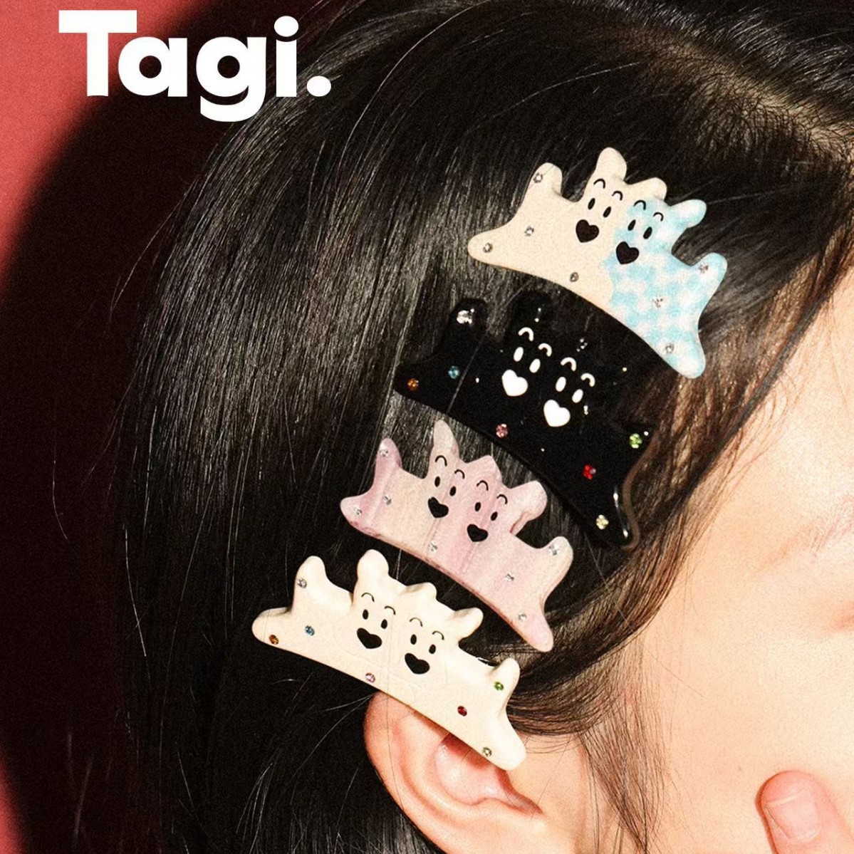Tagi.Two Puppies Colorfulful Inlaid Diamond Cute Acetic Acid Bangs Clip Hairpin Hairpin