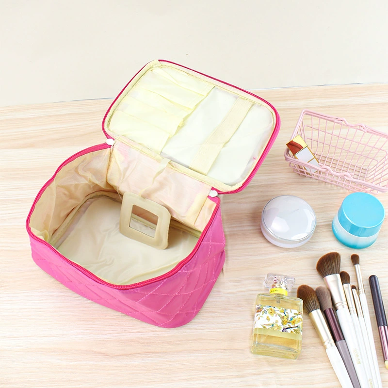 Cosmetic Bag, Large Handheld Organizer, Diamond-Quilted Makeup Case, Foldable Handle