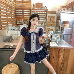 Plus Size Fat mm Summer New Navy Blue Plaid Short-Sleeved Top Fashionable Elegant Skirt Two-Piece Set for Women