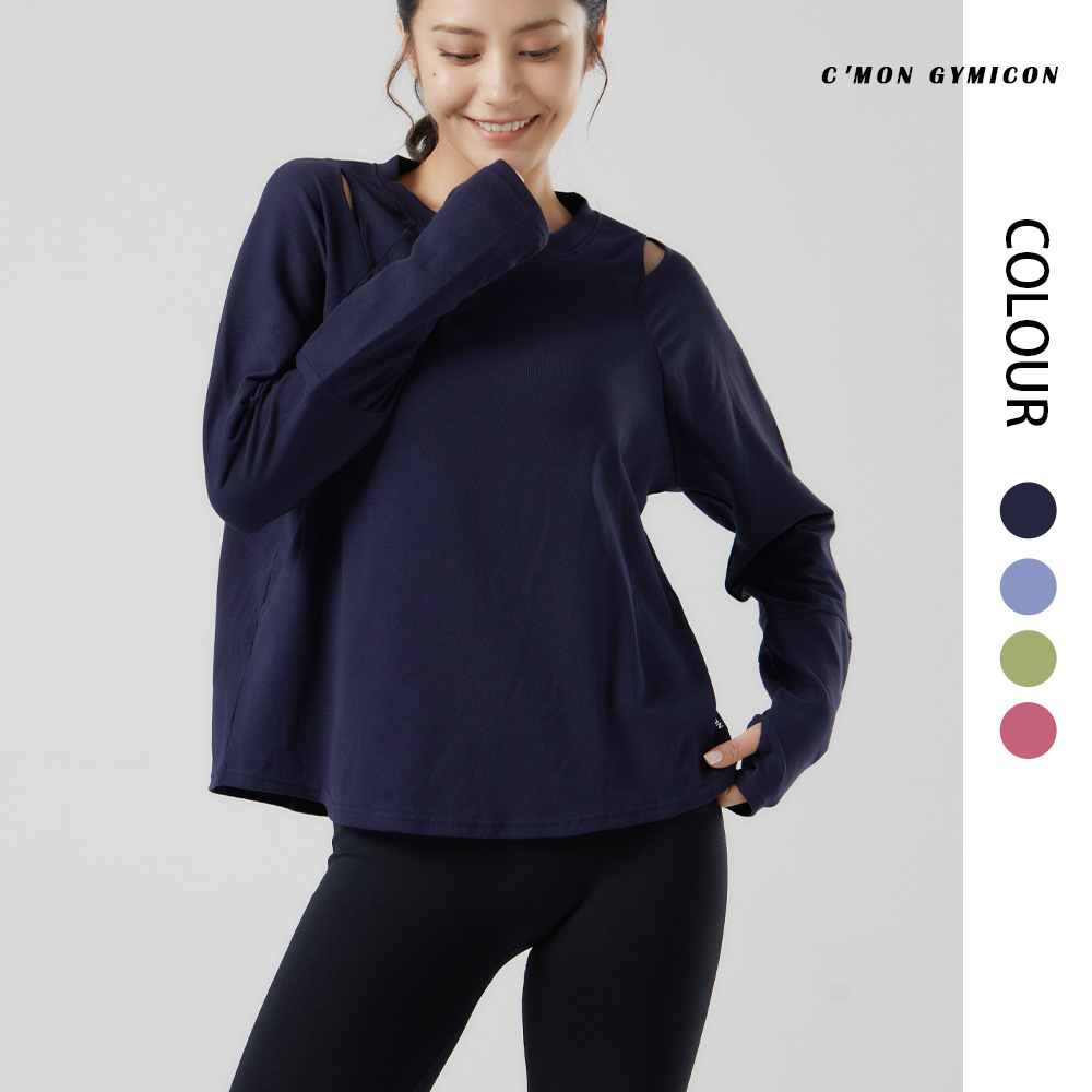 Yi Ang Autumn and Winter New Women's Cotton Long-sleeved Finger Yoga Clothes Loose Off-shoulder Solid Color Top Finger Sports T-shirt