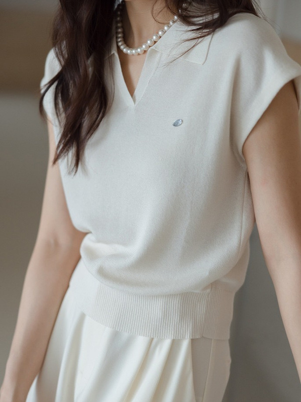 白色亚麻天丝翻领针织短袖女2025新款夏气质短款POLO衫上衣A5361|undefined