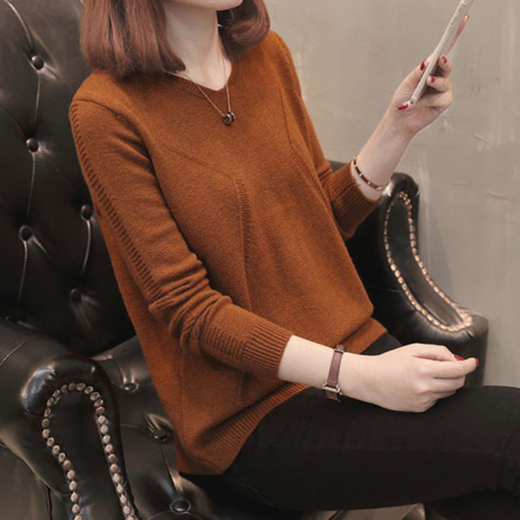 V领套头毛衣女后背开叉时尚显瘦打底衫春秋新款长袖纯色针织衫女