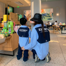 一起玩亲子装 母子母女装秋季新款假两件条纹衬衫儿童工装风衬衫