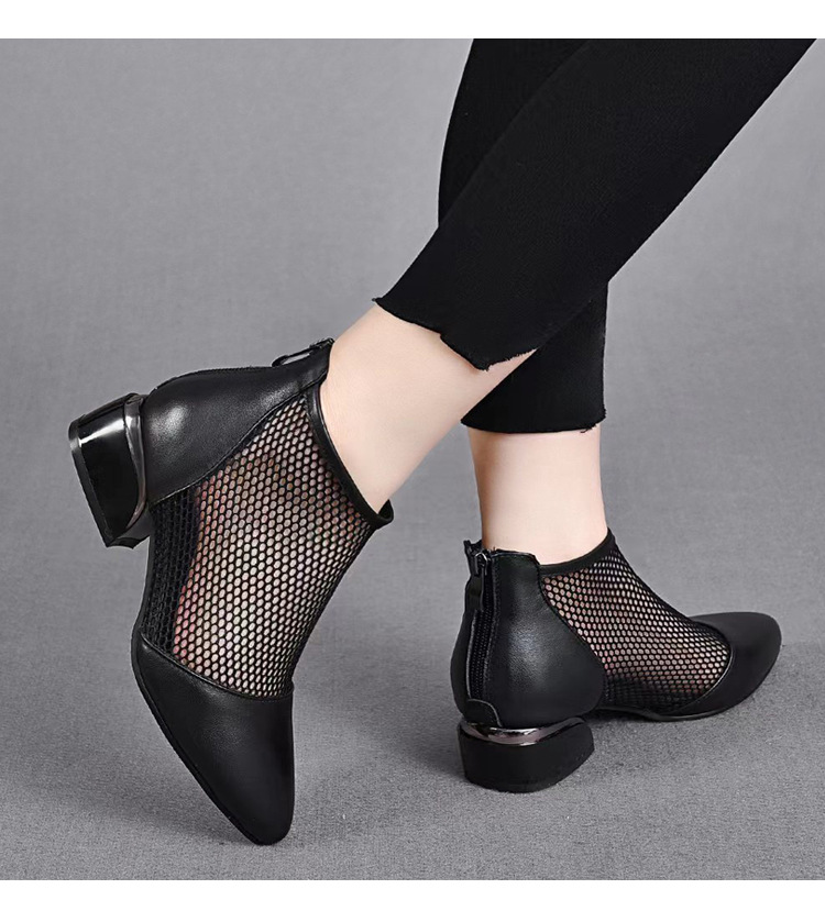 Sandal lưới da thật nữ mũi nhọn gót thấp phong cách La Mã — Da Bò Lớp đầu trên chi tiết 16