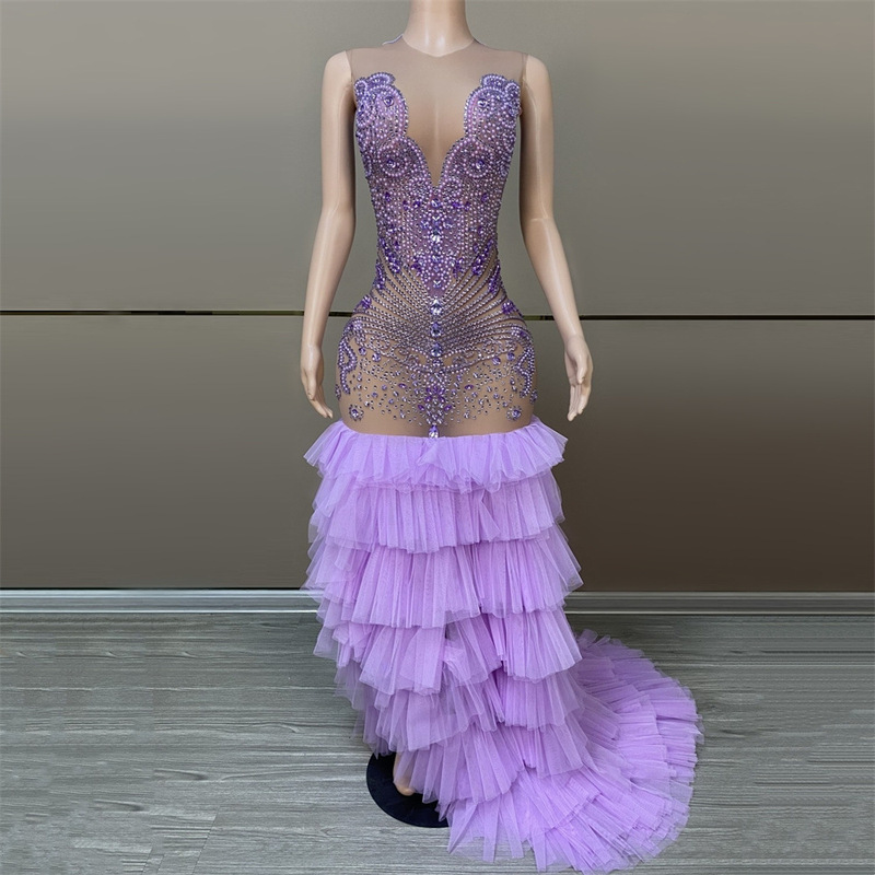 Purple Fashion Mesh Tight Dress with Niche Rhinestone Tight Floor-Length Puffy Layered Long Dress