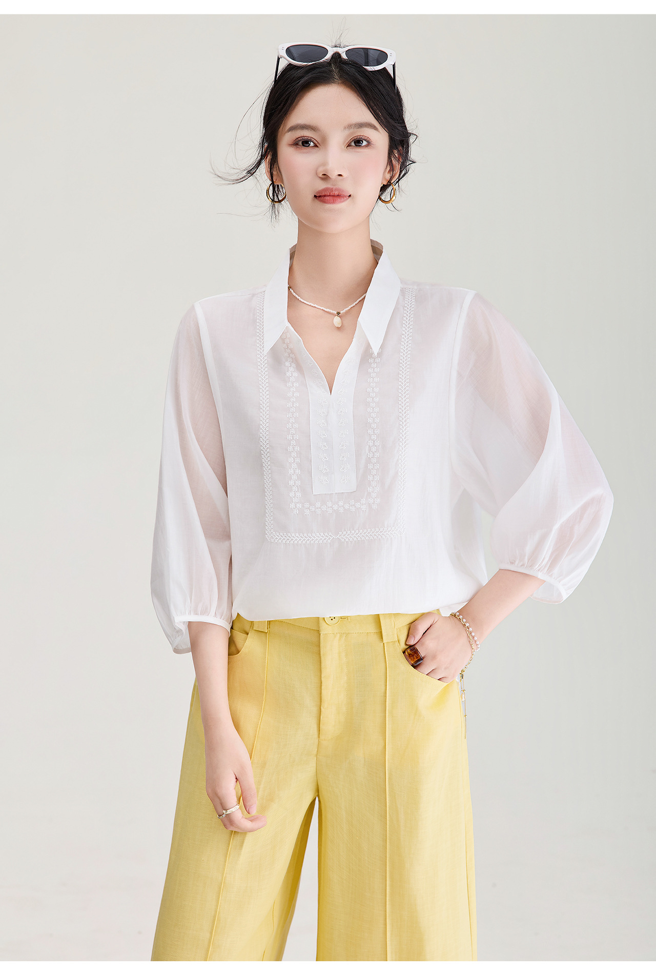 Áo sơ mi nữ tay lỡ thêu hoa tay chất liệu tencel cao cấp — màu trắng chi tiết 20