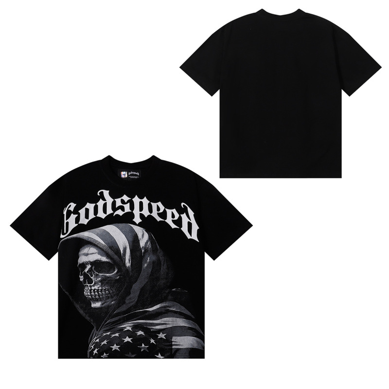 夏新作 Godspeed アメリカのハイストリートファッションブランド スカルロック ペアレタープリント 半袖Tシャツ メンズ|undefined