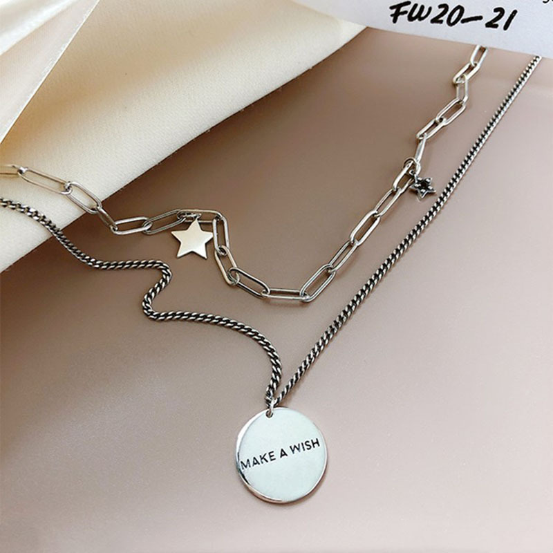 Retro Design Double Star Chain Diamond Round Tag Letter Necklace display picture 3