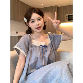 韩版棉提花甜美花边圆领雾霾蓝夏季短袖长裙睡衣家居服