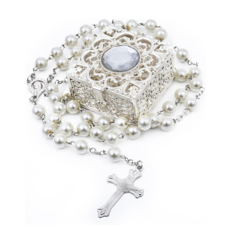 念珠十字架项链配饰仿珍珠复古毛衣链女高级感不掉色欧美跨境首饰