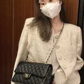 小香风外套女秋冬新款简约气质白月光圆领宽松粗花呢短款上衣
