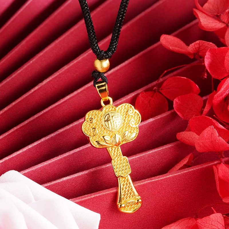 Arena antigua oro Ruyi Lotus collar en forma de llave cuerda cadena adornos Latón chapado en oro estilo chino patrimonio joyería suministro