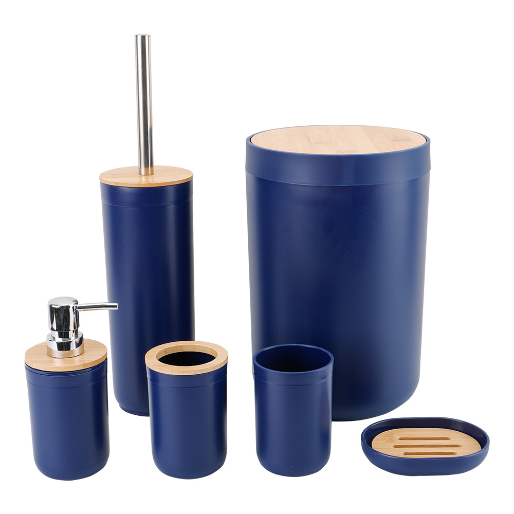 Bambú cubierta de lavado de baño de plástico conjunto de seis piezas de fábrica al por mayor estante de almacenamiento de baño cepillo de dientes titular de seis piezas conjunto