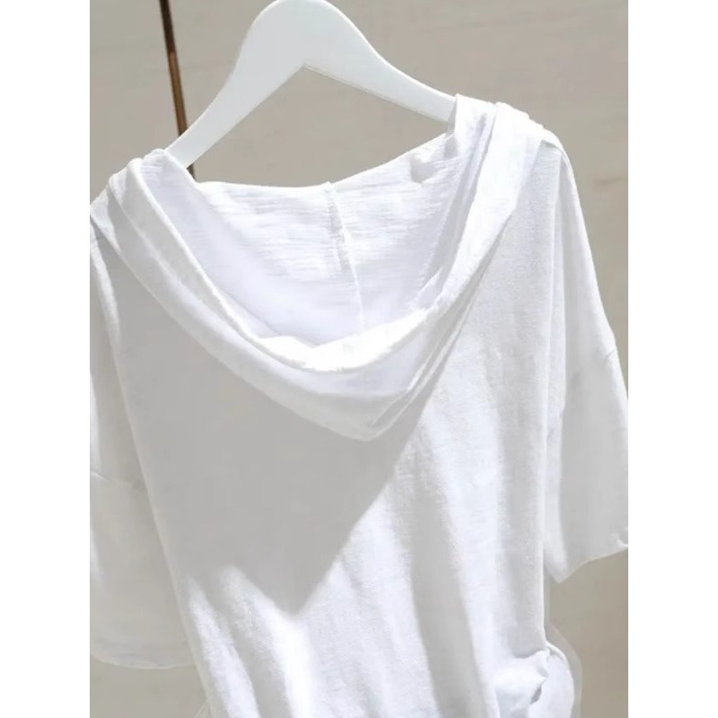 Áo thun nữ cotton 100% tay ngắn có mũ trùm đầu form rộng — Màu đen ((bông tre, mỏng và thoáng khí))
