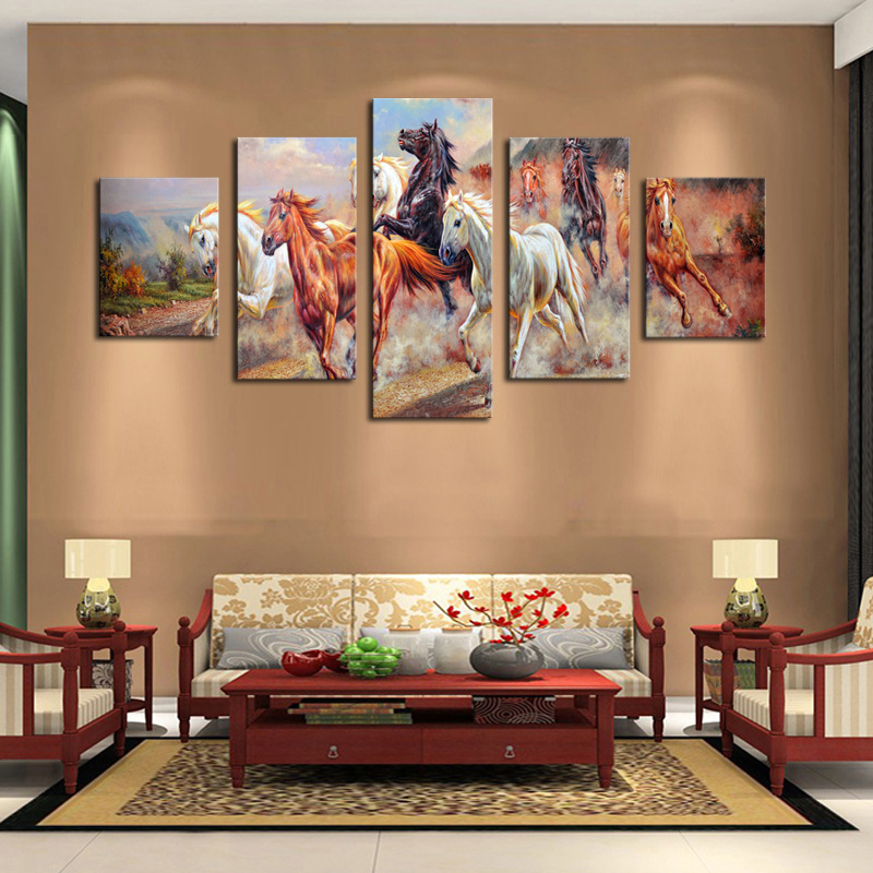现代简约五联奔跑马动物  喷绘画 创意沙发背景墙装饰画挂画油画