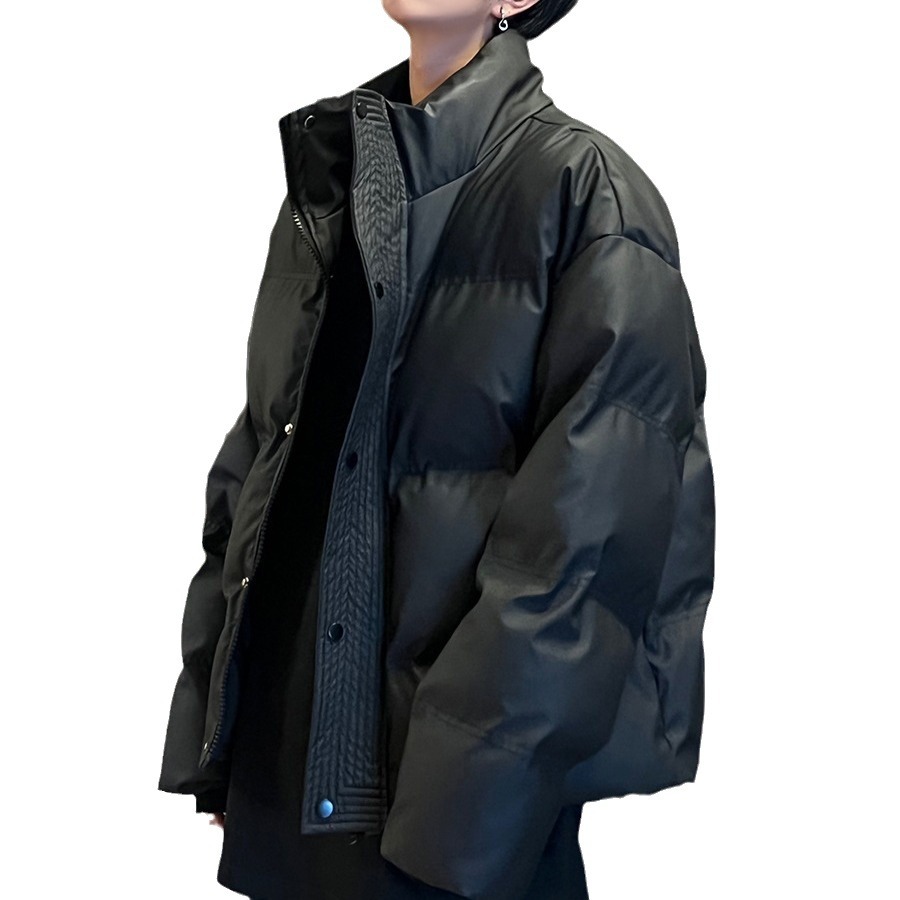 Cuero DE LA PU de algodón acolchado abrigo hombres American High Street marca de moda suelta gruesa chaqueta caliente corto a prueba de viento de cuello alto abrigo de pan casual