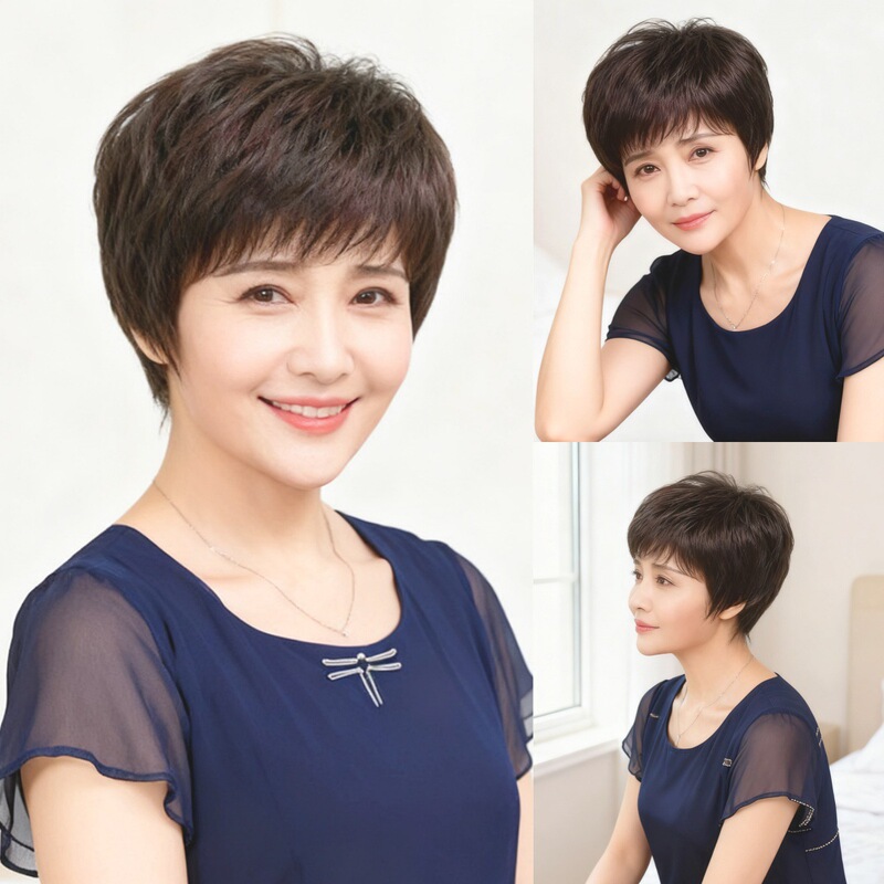 Middle-aged wig women fluffy short straight hair neat bangs fashion mother chemical fiber short hair full head cover wig supplier