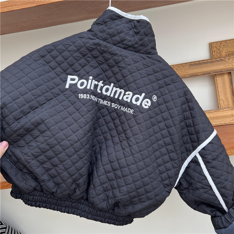 Giacca invernale per bambini, americana, spessa, con piccole lettere ricamate a griglia a rombi, in velluto di cotone, giacca da baseball_voghion.com