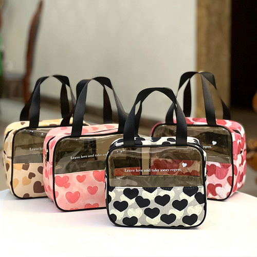 New Korean version of transplanted love translucent portable waterproof cosmetic bag, toiletry bag, portable cosmetic bag, hand bag for women