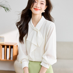 Inner-lining snap-shot 2025 Spring Bow Tie Long-Sleeve Women's Shirt High-end Sense of Minority temperament Floating Strap Top