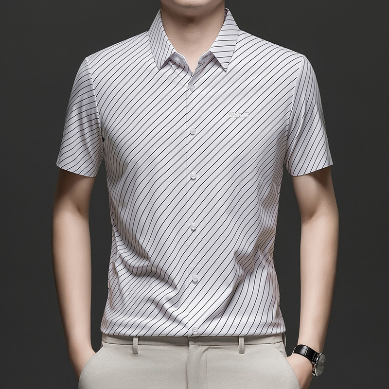 Summer Men's Short-Sleeved Shirts, Trendy Slim-Fit Seamless Fine-Striped Lapel Silky Half-Sleeved Shirts for Men Summer Men's Short-Sleeved Shirts, Trendy Slim-Fit Seamless Fine-Striped Lapel Silky Half-Sleeved Shirts for Men