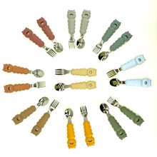 小熊不锈钢卡通硅胶叉勺子配盒子套装儿童吃饭训练辅食餐具便携