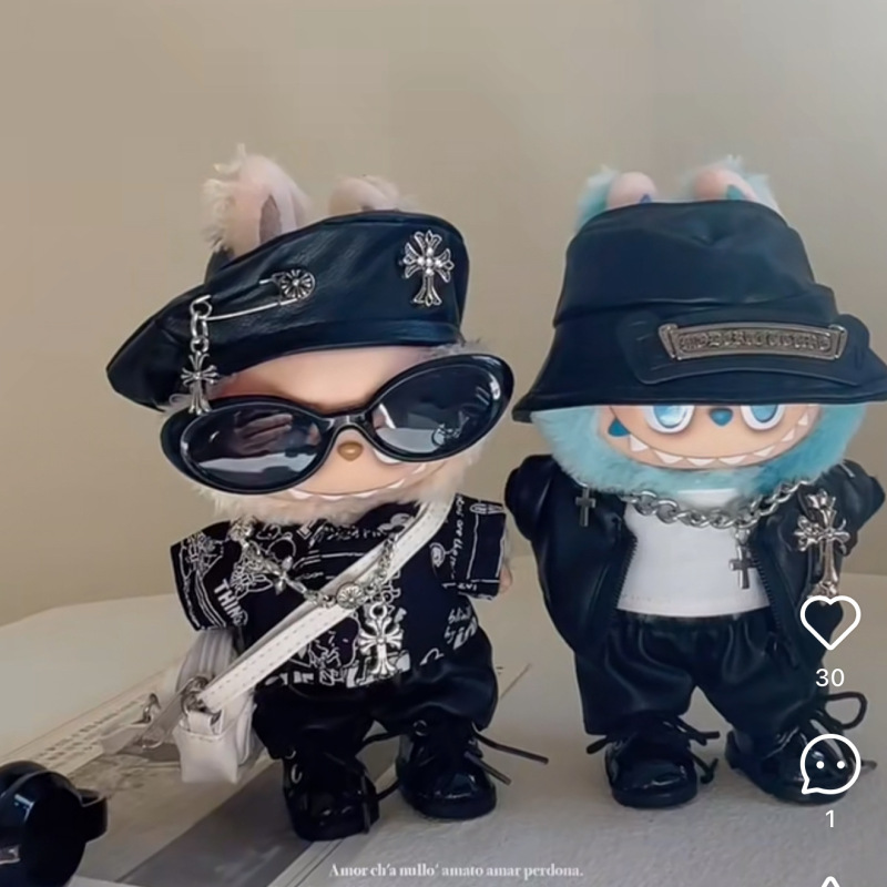 一二三代拉布布娃衣17cm痞帅皮裤套装labubu衣服克罗心贝雷帽批发|undefined