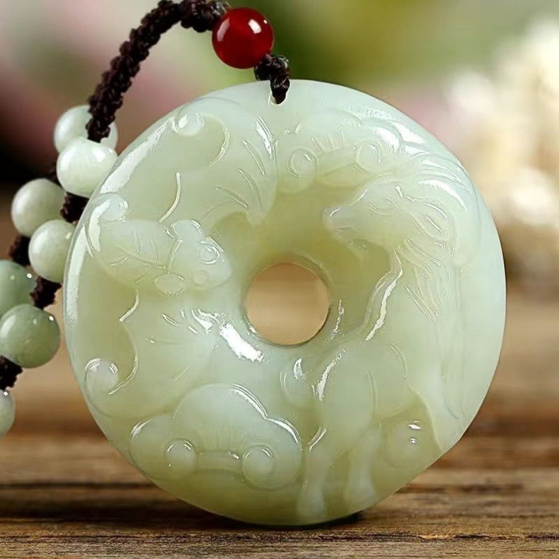 Mặt dây chuyền ngọc bích Hetian hình khóa an toàn 12 con giáp, dây chuyền ngọc tự nhiên cao cấp chi tiết 16