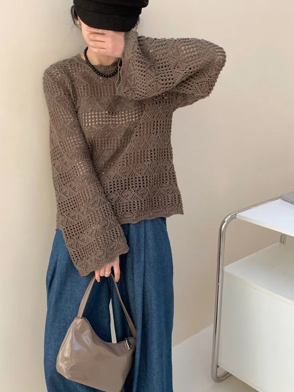 嘉织丨勾花镂空针织罩衣女 竹节麻纱线民族风圆领套头毛衣B7319|undefined