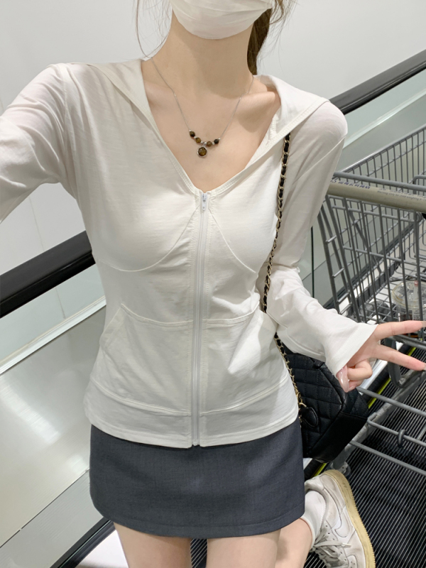 运动风v领连帽竹节棉长袖外套女秋季2025新款修身拉链防晒小开衫|undefined