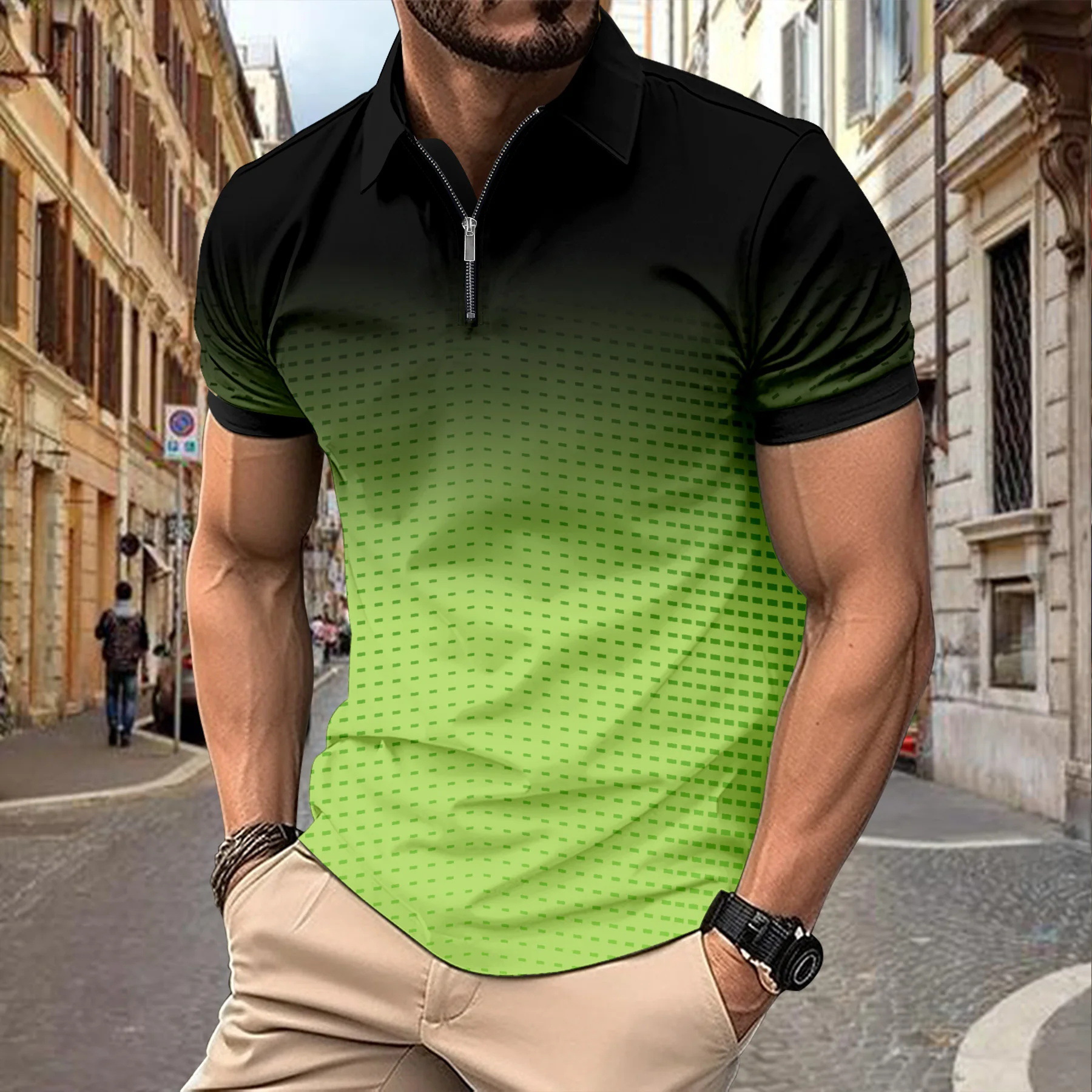 Venta caliente transfronteriza nueva impresión de degradado 3D de verano de gran tamaño casual para hombre suelto código europeo cremallera polo manga corta