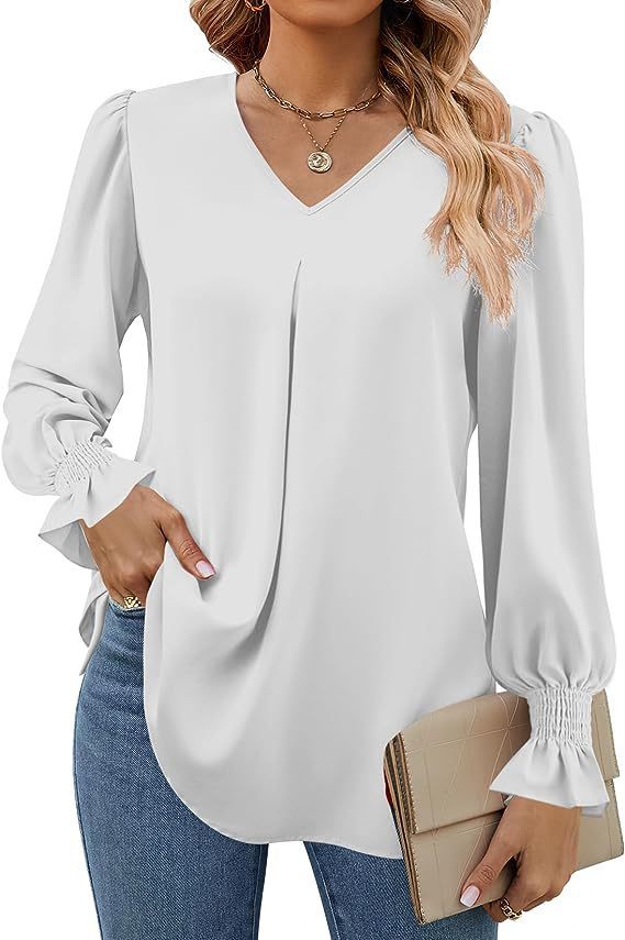 Las mujeres europeas y americanas transfronterizas de Amazon Otoño e Invierno nueva camisa de gasa sólida con cuello en V suéter camisa de manga larga de cuerno