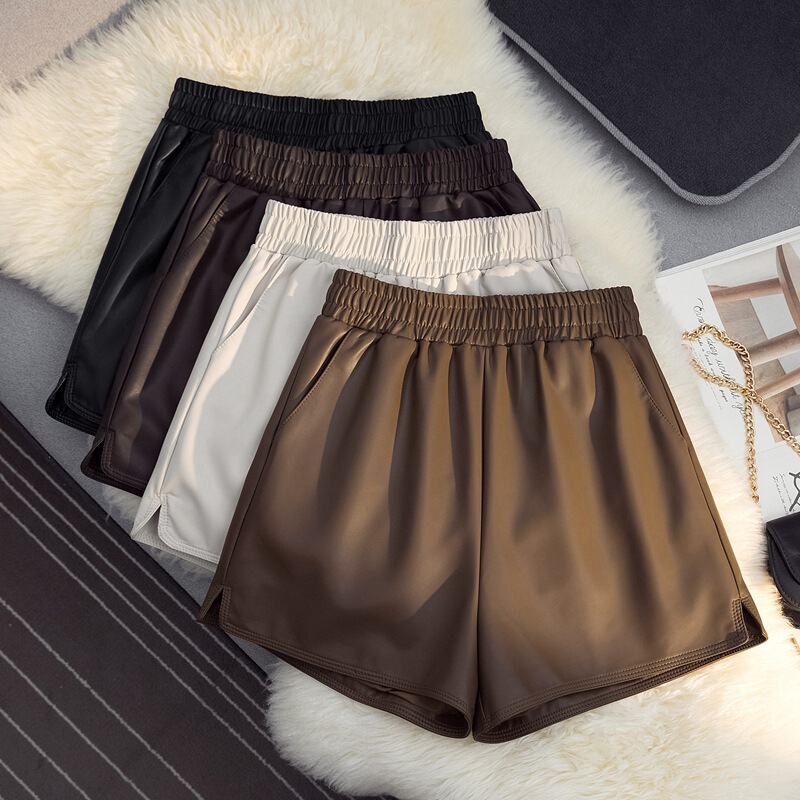 2025 Autumn and Winter Pu Leather Shorts for Women Petite Elastic High Waist A-Line Wide Leg Pants Slimming Look Outer Wear Boot Pants