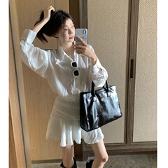 白色长袖衬衫连衣裙女假两件御姐裙子法式收腰荷叶边字短裙森系