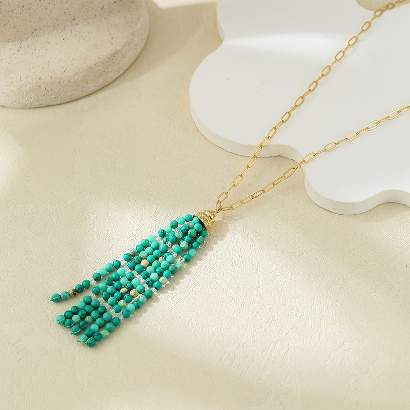 Vintage Turquoise Beaded Tassel Ethnic Style Long Chain Pendant Sweater Necklace Fashion Accessory Wholesale