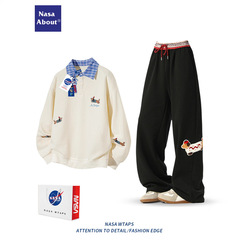 NASA ABOUT休闲运动套装男秋季新款假两件刺绣卫衣男生重磅体恤衫