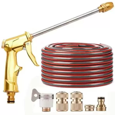 Car washing water gun high pressure household antifreeze explosion-proof water pipe washing water gun flower watering tool water pipe storage rack (High pressure car wash water gun) - 10m-upgraded-thickened-hose-upgraded-long-gold-metal-gathering-water-gun-connector