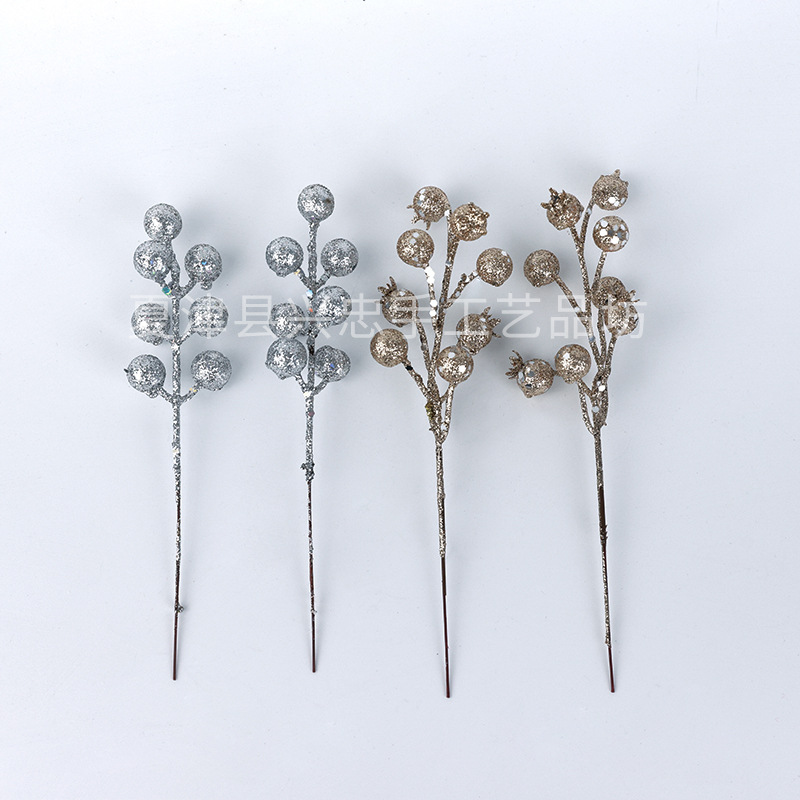 圣诞节装饰品7头闪粉亮粉球金银仿真浆果圣诞树花环diy配件批发