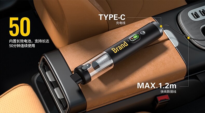 Car-mounted brushless cordless vacuum cleaner, handheld mini blower and vacuum in one, digital display, super strong suction, suitable for home and outdoor use