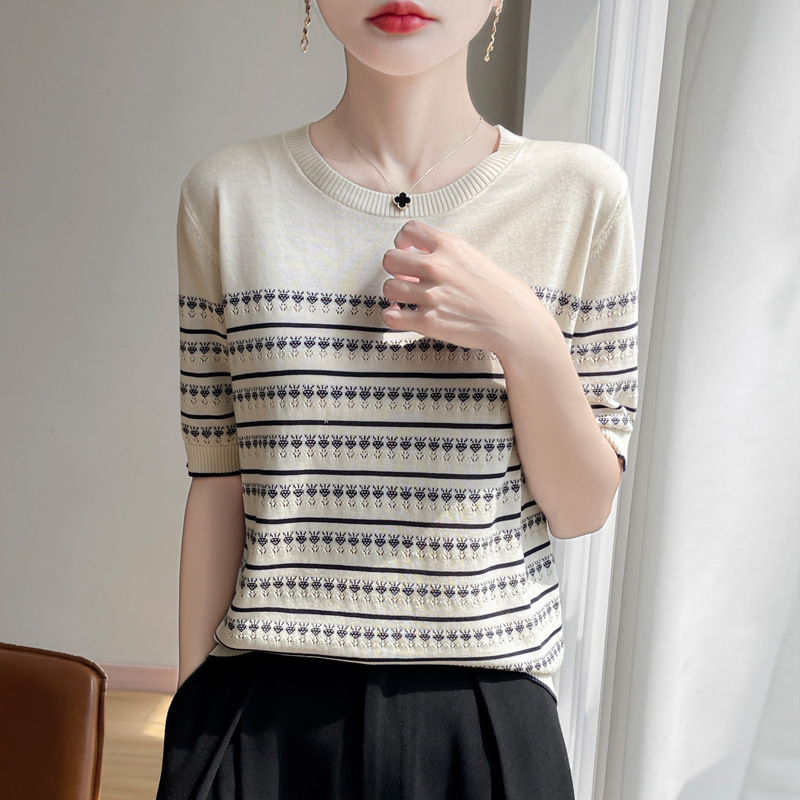 2025 New Summer Tencel Stripesd Knitwear Short-Sleeved Women's Round Neck Loose T-Shirt Fashionable Versatile Women's Tops