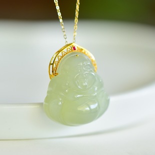 Fubei Diamond Jewelry [18K Gold Inlaid with Natural Hetian Qinghai Material Buddha Pendant] the Size of the Bare Stone Is about 25*25mm