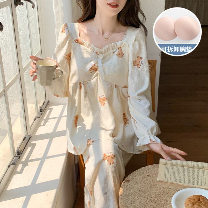 春秋季女新款带胸垫方领云朵棉卡通可爱公主风格女士家居服套装|undefined