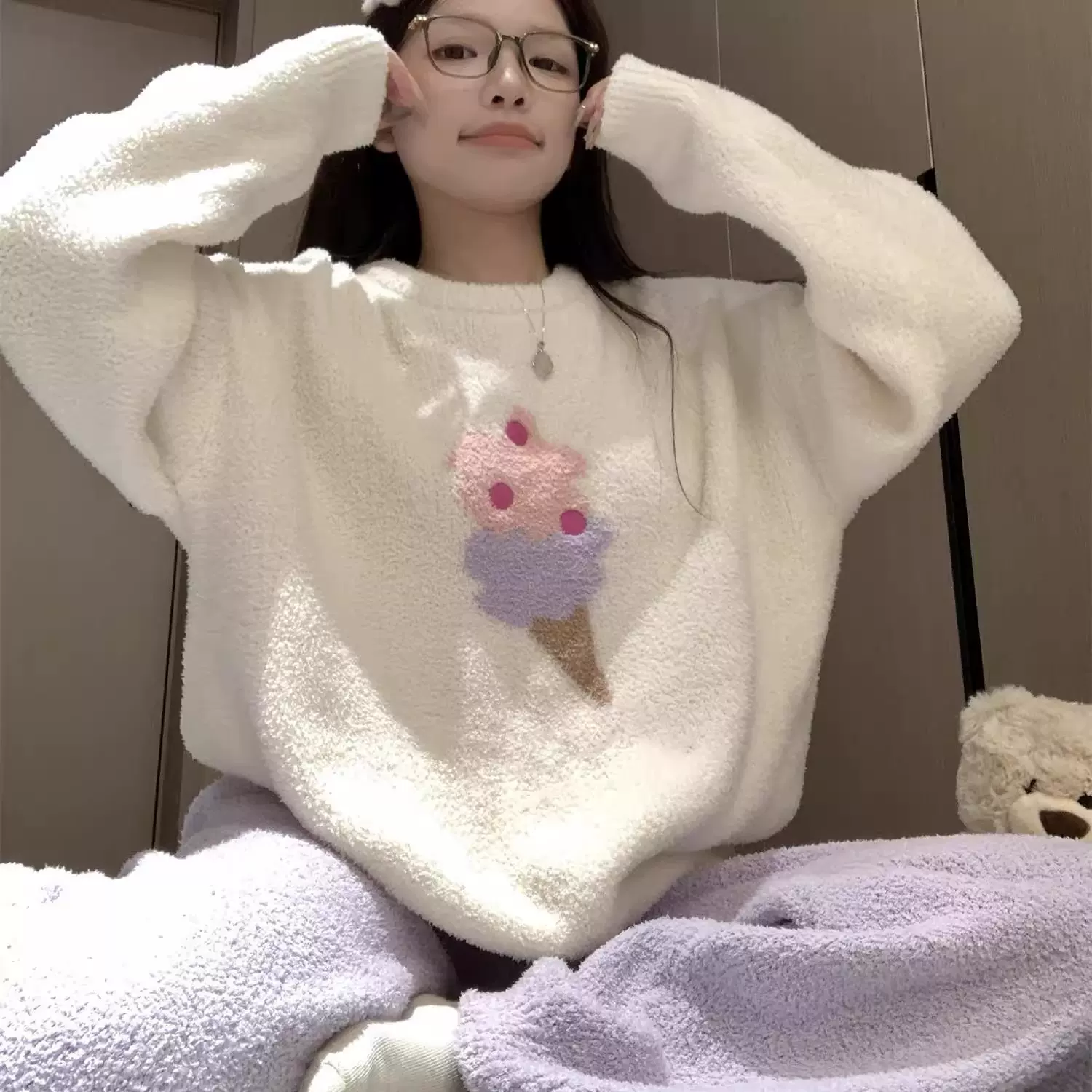 半边绒睡衣女款冬季加厚加绒珊瑚绒日系可爱腊肠狗套装冬天家居服