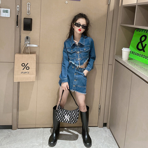 Heavy Industry Girl's Denim Suit  Spring Lightweight Stylish Trendy Button Irregular Denim Suit Children's Set