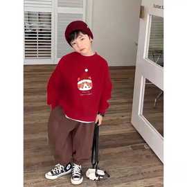 男童卡通圣诞帽猫咪红色卫衣春秋冬季儿童保暖百搭圆领上衣休闲潮