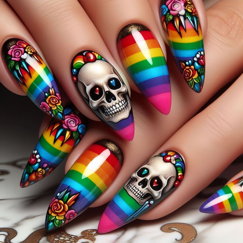 Halloween European and American Ins Style Round Head Almond Nails Colorful Gradient French Gold Powder Skull Wearable Nails Fake Nails Batch Halloween European and American Ins Style Round Head Almond Nails Colorful Gradient French Gold Powder Skull Wearable Nails Fake Nails Batch